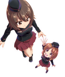 Rule 34 | 2girls, ankle boots, black footwear, black headwear, black jacket, blurry, blurry foreground, boots, brown eyes, brown hair, closed mouth, commentary request, depth of field, dress shirt, floating, garrison cap, girls und panzer, girls und panzer phase erika, hat, highres, insignia, jacket, kuromorimine military uniform, long sleeves, looking at another, looking down, looking up, military, military hat, military uniform, miniskirt, multiple girls, nishizumi maho, nishizumi miho, open mouth, pleated skirt, reaching, reaching towards viewer, red shirt, red skirt, saitaniya ryouichi, shirt, short hair, siblings, simple background, sisters, skirt, smile, uniform, white background, wing collar