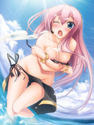 Rule 34 | 1girl, beach, bikini, blue eyes, blush, breasts, bubble, cleavage, collarbone, cum, cum in mouth, cum on body, cum on breasts, cum on hair, cum on upper body, day, facial, groin, highres, long hair, massan, megurine luka, nipple slip, nipples, open mouth, outdoors, pink hair, pussy juice, side-tie bikini bottom, solo, swimsuit, very long hair, vocaloid, wading, wardrobe malfunction, water, wince