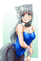 Rule 34 | 1girl, absurdres, animal ears, black bow, black bowtie, black pantyhose, blue eyes, blue leotard, bow, bowtie, breasts, clenched teeth, cowboy shot, detached collar, gradient background, hataage! kemono michi, highres, large breasts, leotard, long hair, looking at viewer, nontraditional playboy bunny, pantyhose, playboy bunny, shigure (kemonomichi), silver hair, solo, strapless, strapless leotard, tail, teeth, wolf ears, wolf girl, wolf tail, wrist cuffs, yellow quokka