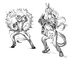 Rule 34 | 2girls, admire vega (umamusume), animal ears, breasts, claw pose, crown, energy ball, faceless, faceless female, fighting stance, full body, greyscale, heel up, highres, horse ears, horse girl, horse tail, jacket, long hair, long sleeves, low ponytail, mame nabe donko, mini crown, monochrome, multiple girls, pants, shoes, short hair, small breasts, sneakers, standing, t.m. opera o (umamusume), tail, track jacket, track suit, traditional media, umamusume