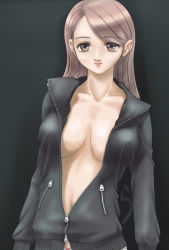 Rule 34 | breasts, brown eyes, brown hair, center opening, cleavage, large breasts, long hair, open clothes, open shirt, open zipper, rasukaru, shirt, smile, solo, unzipped, zipper