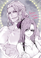 Rule 34 | 1boy, 1girl, crossed arms, grey background, hair ribbon, height difference, highres, long hair, looking at another, lynn (rosen garten saga), medium hair, monochrome, muscular, muscular male, muted color, ribbon, rosen garten saga, sharp teeth, siegfried (rosen garten saga), smile, spot color, sugito akira, teeth, topless male