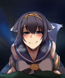 Rule 34 | 1girl, absurdres, animal ears, blue eyes, breasts, choker, cleavage, collarbone, girls&#039; frontline, halloween costume, heavy breathing, highres, large breasts, long hair, looking at viewer, mole, mole under eye, official alternate costume, pov, sailor collar, sidelocks, solo focus, super sass (girls&#039; frontline), super sass (wolf walker) (girls&#039; frontline), tail, very long hair, wolf ears, wolf tail, yellowseeds