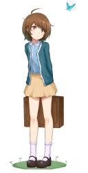 Rule 34 | 1girl, :o, ahoge, arms behind back, blush, bobby socks, brown eyes, brown hair, bug, butterfly, cardigan, full body, highres, insect, mary janes, original, purea, shoes, short hair, simple background, skirt, socks, solo, standing, suitcase, white background, white socks
