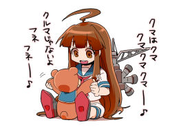 Rule 34 | 10s, 1girl, ahoge, bad id, bad pixiv id, brown eyes, brown hair, chibi, kantai collection, kuma (kancolle), long hair, machinery, maguro (ma-glo), musical note, open mouth, personification, sitting, solo, stuffed animal, stuffed toy, teddy bear, translated