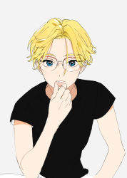 Rule 34 | 1boy, black shirt, blonde hair, blue eyes, commentary request, glasses, grey background, hair between eyes, hand on own face, looking at viewer, male focus, messy hair, original, pinching, shirt, simple background, sitting, solo, tmku