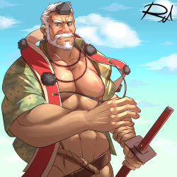 Rule 34 | 1boy, abs, bara, bare pectorals, beard, facial hair, green kimono, hogen (housamo), holding, holding sword, holding weapon, japanese clothes, kimono, large pectorals, looking at viewer, male focus, mature male, muscular, muscular male, mustache, navel, nipples, old, old man, open clothes, open kimono, out-of-frame censoring, pectorals, reclamon, short hair, sky, solo, sword, tokyo houkago summoners, upper body, weapon