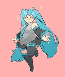 Rule 34 | 1girl, akkaapie, aqua hair, aqua necktie, black skirt, black sleeves, black thighhighs, breasts, closed eyes, collared shirt, detached sleeves, fat, full body, grey shirt, grin, hatsune miku, highres, large breasts, long hair, necktie, pink background, pleated skirt, shirt, simple background, skirt, sleeveless, sleeveless shirt, smile, solo, sparkle, teeth, thighhighs, twintails, very long hair, vocaloid