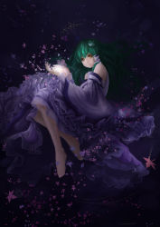 Rule 34 | 1girl, absurdres, arm ribbon, barefoot, blue skirt, detached sleeves, floating, floating hair, frilled sleeves, frills, frog hair ornament, glowing, green hair, hair ornament, hair tubes, highres, hoshino arika, kochiya sanae, leaf, legs, light, light particles, long skirt, looking at viewer, maple leaf, nail polish, oversized clothes, pink nails, ribbon, sarashi, skirt, sleeveless, smile, snake hair ornament, solo, toenail polish, toenails, toes, touhou, wide sleeves, yellow eyes