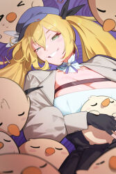 Rule 34 | 1girl, bird, blonde hair, breasts, chest belt, cleavage, dokibird (vtuber), green eyes, grin, hair ribbon, hat, highres, indie virtual youtuber, jacket, large breasts, lying, on back, raneblu, ribbon, smile, solo, twintails, virtual youtuber