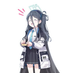 Rule 34 | 1girl, :d, ^ ^, aris (blue archive), black jacket, black skirt, blue archive, blue hairband, blue necktie, closed eyes, commentary, hair between eyes, hairband, halo, highres, jacket, long hair, long sleeves, multicolored clothes, multicolored jacket, necktie, open mouth, pleated skirt, sakana (flame sakana), shirt, side ponytail, simple background, skirt, smile, solo, thighhighs, thighs, two-tone jacket, very long hair, white background, white jacket, white shirt