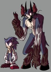 Rule 34 | blood, blood on chest, bloody tears, callmejayman, claws, closed mouth, crying, crying with eyes open, demon horns, gloves, highres, horns, looking at viewer, open mouth, redesign, satanos (sonic.exe), size difference, smile, sonic.exe, sonic (series), sonic the hedgehog, tail, tears, teeth, white eyes, white gloves