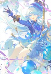 Rule 34 | 1girl, ahoge, ascot, asymmetrical gloves, balloon, black gloves, blue ascot, blue brooch, blue hair, blue hat, blue jacket, cowboy shot, furina (genshin impact), genshin impact, gloves, hair between eyes, hat, heterochromia, highres, jacket, light blue hair, looking at viewer, lyodi, mismatched gloves, multicolored hair, open mouth, outstretched arm, sample watermark, shorts, sidelocks, sitting, smile, solo, streaked hair, top hat, two-tone hair, watermark, white gloves, white hair, white shorts