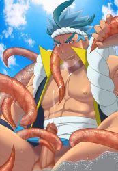 Rule 34 | 10s, 1boy, bara, blush, cum, erection, future card buddyfight, highres, kaido dai, male focus, monster, outdoors, penis, restrained, takejirog, tentacles, undressing