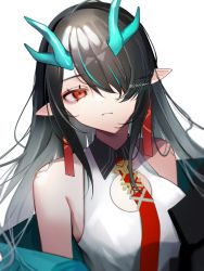 Rule 34 | 1girl, 6ta6tam, arknights, bare shoulders, black coat, black hair, breasts, closed mouth, coat, dragon horns, dress, dusk (arknights), earrings, green hair, hair over one eye, highres, horns, jewelry, large breasts, long hair, looking at viewer, multicolored hair, necktie, off shoulder, open clothes, open coat, pointy ears, red eyes, red necktie, simple background, solo, streaked hair, twitter username, two-tone hair, upper body, very long hair, white background, white dress