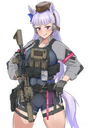 Rule 34 | 1girl, animal ears, black gloves, black shorts, blunt bangs, bow, breasts, brown headwear, commentary, ear ribbon, english text, gloves, gold ship (umamusume), grey gloves, gun, highres, holding, holding gun, holding weapon, holster, holstered, horse ears, horse girl, horse tail, id card, large breasts, laser sight, legs apart, licking lips, long hair, looking at viewer, mordeth, pillbox hat, purple eyes, short shorts, shorts, simple background, skindentation, solo, suppressor, tactical clothes, tail, thigh strap, thighs, tongue, tongue out, umamusume, weapon