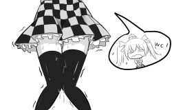 Rule 34 | 1girl, checkered clothes, checkered skirt, chinese commentary, commentary request, feet out of frame, flying sweatdrops, greyscale, hair ribbon, hat, have to pee, highres, himekaidou hatate, knees together feet apart, long hair, miniskirt, monochrome, open mouth, petticoat, ribbon, simple background, skirt, solo, standing, tears, thighhighs, thighs, tokin hat, touhou, twintails, v arms, wavy mouth, white background, wide oval eyes, wuwusan, zettai ryouiki