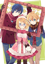Rule 34 | 1girl, 2boys, :q, bag, bespectacled, black gloves, black pantyhose, blonde hair, blue eyes, blue hair, bow, coat, framed, glasses, gloves, hair ornament, hairclip, hat, kagamine len, kagamine rin, kaito (vocaloid), mittens, multiple boys, pants, pantyhose, picture frame, plaid, plaid pants, polka dot, polka dot bow, ponytail, red-framed eyewear, scarf, smile, toggles, tongue, tongue out, vocaloid, yoshiki