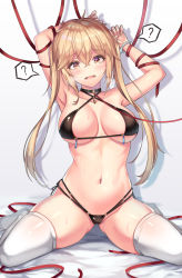 Rule 34 | 1girl, armpits, arms up, bare arms, bare shoulders, bdsm, bikini, black bikini, bondage, bound, breasts, breasts apart, brown eyes, brown hair, cenangam, cleavage, collar, criss-cross halter, fangs, girls&#039; frontline, halterneck, highleg, highleg bikini, large breasts, leash, long hair, looking at viewer, m870 (girls&#039; frontline), navel, open mouth, side-tie bikini bottom, sitting, skindentation, slave, solo, sweat, swimsuit, thighhighs, twintails, white thighhighs