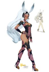 Rule 34 | 00s, 1girl, animal ears, armor, big hair, breasts, rabbit ears, center opening, cleavage, dark skin, dark-skinned female, final fantasy, final fantasy xii, fran (ff12), full body, hand on own hip, high heels, highres, large breasts, long hair, navel, silver hair, solo, stiletto heels, stomach, tovio rogers, very long hair, viera, walking, zoom layer