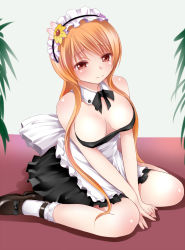 Rule 34 | 10s, 1girl, alternate costume, apron, blush, brown eyes, brown hair, enmaided, highres, kozue akari, long hair, maid, maid apron, maid headdress, nisekoi, sitting, solo, tachibana marika, thighhighs, wariza, white thighhighs