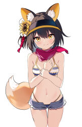Rule 34 | 1girl, absurdres, animal ear fluff, animal ears, bare shoulders, bikini, blue archive, blush, breasts, brown hair, flower, fox ears, fox tail, guanlingzhi (crazy6), hair flower, hair ornament, highleg, highleg bikini, highres, izuna (blue archive), izuna (swimsuit) (blue archive), looking at viewer, midriff, navel, open fly, scarf, short hair, short shorts, shorts, sidelocks, simple background, small breasts, smile, striped bikini, striped clothes, swimsuit, tail, visor cap, white background, yellow eyes
