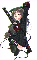 Rule 34 | 12-gauge, 1girl, :d, absurdres, ammunition, benelli armi spa, benelli m4 super 90, blush, brown hair, character request, chromatic aberration, combat shotgun, commentary request, fingerless gloves, full body, gloves, green thighhighs, gun, hand up, highres, jumping, long hair, low-tied long hair, oota youjo, open mouth, pump-action shotgun, pump action, semi-automatic firearm, semi-automatic shotgun, shotgun, shotgun shell, smile, solo, thighhighs, weapon, yellow eyes, zettai ryouiki