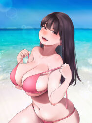 Rule 34 | 1girl, :d, bare arms, bare shoulders, beach, belly, bikini, blue sky, blurry, blurry background, blush, breasts, brown eyes, brown hair, cleavage, cowboy shot, day, from side, half-closed eyes, hands up, head tilt, highres, holding strap, huge breasts, lens flare, lilim, lips, long hair, looking at viewer, looking to the side, naughty face, navel, ocean, open mouth, original, outdoors, pink bikini, plump, skindentation, sky, smile, solo, straight hair, strap pull, string bikini, swept bangs, swimsuit, teeth, tongue, underboob, untied bikini, upper teeth only