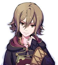 Rule 34 | 1boy, androgynous, bad id, bad pixiv id, book, brown eyes, brown hair, cloak, fire emblem, fire emblem awakening, jewelry, looking at viewer, male focus, nintendo, ring, robin (female) (fire emblem), robin (fire emblem), robin (male) (fire emblem), saitou teikoku, simple background, smile, solo, upper body, white background