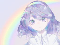 Rule 34 | 1girl, absurdres, cape, closed mouth, hairband, highres, indolent-anima (xwxw8575), long hair, looking at viewer, portrait, purple background, purple eyes, purple hair, rainbow, rainbow gradient, simple background, smile, solo, swept bangs, tenkyuu chimata, touhou, white cape