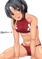 Rule 34 | 1girl, black hair, breasts, brown eyes, headband, kantai collection, medium breasts, nagara (kancolle), one-hour drawing challenge, parted lips, ponytail, simple background, solo, sportswear, tan, tanline, tirasi (so), toned, twitter username, white background, white headband