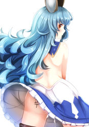 Rule 34 | 10s, 1girl, aftersex, animal ears, ass, blue hair, body writing, cum, cumdrip, erune, ferry (granblue fantasy), from behind, granblue fantasy, long hair, looking at viewer, looking back, simple background, skirt, solo, tally, tenken (gotannda), white background, yellow eyes