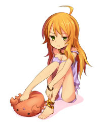 Rule 34 | 1girl, :t, ahoge, anklet, bad id, bad pixiv id, barefoot, blonde hair, bracelet, breasts, cleavage, green eyes, hoshii miki, idolmaster, idolmaster (classic), jewelry, long hair, necklace, pout, shorts, sitting, small breasts, solo, strap slip, stuffed toy, tougyuu yukio