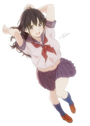 Rule 34 | 1girl, :d, ahoge, arms up, baba arumi, blue sailor collar, blue socks, blush, breasts, brown eyes, brown footwear, brown hair, character request, commentary request, copyright request, dated, dated commentary, full body, kneehighs, loafers, long hair, looking at viewer, midriff, navel, neckerchief, open mouth, pleated skirt, red neckerchief, sailor collar, school uniform, serafuku, shirt, shoes, short sleeves, signature, simple background, skirt, smile, socks, solo, white background