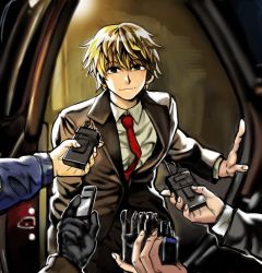 Rule 34 | 1boy, black eyes, blonde hair, closed mouth, collared shirt, efather (ljh94312), formal, hair between eyes, holding, hunter x hunter, looking at viewer, male focus, multiple others, necktie, pariston hill, red neckwear, shirt, smile, solo focus, suit, white shirt