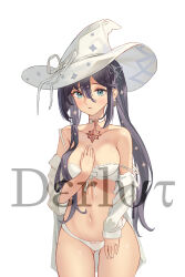 Rule 34 | 1girl, absurdres, alternate costume, aqua eyes, black hair, bra, breasts, choker, commentary, commission, cowboy shot, derlyt, earrings, genshin impact, hair between eyes, hand on own chest, hat, highres, jewelry, long hair, long sleeves, looking at viewer, medium breasts, mona (genshin impact), navel, open clothes, open shirt, panties, parted lips, shirt, simple background, solo, standing, stomach, thighs, twintails, underwear, very long hair, white background, white bra, white choker, white hat, white panties, white shirt, witch hat