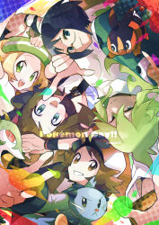 2girls 3boys :d beret bianca_(pokemon) black_hair blonde_hair bright_pupils brown_eyes brown_hair cheren_(pokemon) clear_2758 closed_mouth commentary_request creatures_(company) dewott eyelashes game_freak gen_5_pokemon glasses green_eyes green_hair green_hat grey_eyes happy hat highres hilbert_(pokemon) hilda_(pokemon) long_hair multiple_boys multiple_girls n_(pokemon) nintendo open_mouth pokemon pokemon_(creature) pokemon_bw red_eyes servine short_hair smile tepig white_hat white_pupils