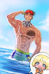 Rule 34 | 1boy, 1girl, abs, animification, apex legends, bailian, blue eyes, blue male swimwear, blue swim trunks, blush, body writing, brown hair, chain, chest tattoo, chromatic aberration, collarbone, cornrows, crypto (apex legends), eyewear on head, gold chain, grey shorts, highres, hood, hoodie, hype beast crypto, looking at viewer, male focus, male swimwear, male swimwear writing, mole, mole under eye, ocean, orange hoodie, partially submerged, pectorals, short hair, shorts, smile, solo focus, sunglasses, swim trunks, swim trunks writing, swimsuit, swimsuit writing, tattoo, topless male, wattson (apex legends)