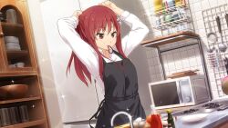 Rule 34 | 22/7, 22/7 ongaku no jikan, apron, arms up, black apron, dutch angle, egg (food), flower, food, game cg, glass, hair flower, hair ornament, hair tie in mouth, highres, holding, holding own hair, indoors, ketchup bottle, kitchen, ladle, lens flare, light particles, long hair, long sleeves, looking down, microwave, mouth hold, non-web source, official art, onion, plate, red eyes, red hair, refrigerator, sato reika, shirt, sidelocks, spoon, stove, straight hair, tying hair, utensil rack, white flower, white shirt