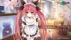 Rule 34 | 1girl, :o, ahoge, apron, cat, chair, commentary, date a live, date a live: spirit pledge, english commentary, highres, indoors, itsuka kotori, long hair, looking at viewer, maid, maid headdress, official art, paw pose, red eyes, red hair, solo, table, twintails, white apron