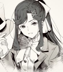 Rule 34 | 1girl, arm at side, artist name, bow, bowtie, buttons, collared shirt, commentary request, grey background, greyscale, grin, hair bow, hair ornament, hand up, hat, highres, holding, holding clothes, holding hat, jacket, long hair, long sleeves, looking at viewer, monochrome, nijiko (c2cs4q), official alternate costume, official alternate hairstyle, open clothes, open jacket, parted bangs, parted lips, ponytail, shirt, shoujo kageki revue starlight, sidelocks, simple background, smile, solo, tendou maya, top hat, unworn hat, unworn headwear, upper body, vest, x hair ornament