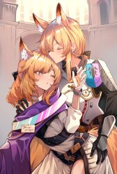 Rule 34 | 2girls, absurdres, animal ear fluff, animal ears, arknights, armor, aunt and niece, blonde hair, blue eyes, blush, commentary request, commission, gauntlets, gloves, hanahashi bagara, highres, horse ears, horse girl, incest, multiple girls, nearl (arknights), one eye closed, pixiv commission, sidelocks, thighs, whislash (arknights), white gloves, yuri