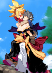 Rule 34 | 1boy, 1girl, blonde hair, boots, bow, breasts, carrying, cleavage, closed eyes, disgaea, dress, grey hair, horns, large breasts, makai senki disgaea 2, overlord jc, piggyback, pointy ears, red eyes, rozalin, short hair, strapless, strapless dress, taro (disgaea), yellow bow