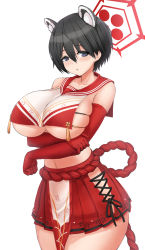 Rule 34 | 1girl, animal ears, black eyes, black hair, blue archive, breasts, collarbone, commentary request, crossed arms, elbow gloves, extra ears, eyes visible through hair, gloves, hair between eyes, halo, highres, huge breasts, japanese clothes, looking at viewer, midriff, navel, pleated skirt, poorgom, raccoon ears, raccoon girl, red gloves, rope, sailor collar, shimenawa, short hair, side slit, sideboob, sidelocks, simple background, skirt, sleeveless, solo, tsubaki (blue archive), white background