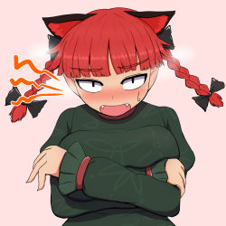 Rule 34 | 1girl, alternate breast size, animal ears, arms under breasts, blush, bow, braid, breast hold, breasts, cat ears, crossed arms, embarrassed, extra ears, fangs, full-face blush, kaenbyou rin, kigan&#039;eiji, large breasts, looking at viewer, red hair, simple background, solo, sweat, touhou, twin braids, white background
