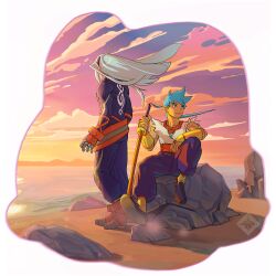 Rule 34 | 2boys, blue eyes, blue pants, border, breath of fire, breath of fire iv, commentary, english commentary, facing away, fou-lu, frown, gauntlets, grey hair, highres, holding, holding sword, holding weapon, jewelry, lucas marques, male focus, multiple boys, muscular, muscular male, necklace, pants, ponytail, rock, ryuu (breath of fire iv), shirt, sitting, sitting on rock, sunset, sword, weapon, white border, white shirt
