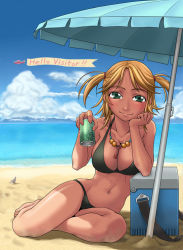 Rule 34 | 1girl, aircraft, airplane, barefoot, beach, beach umbrella, bikini, black bikini, blonde hair, breasts, can, cleavage, cloud, cooler, day, drink, drink can, english text, green eyes, head rest, jewelry, key, large breasts, man (trance), navel, necklace, ocean, original, outdoors, sand, sitting, sky, smile, soda can, solo, swimsuit, twintails, two side up, umbrella, water, welcome, yokozuwari