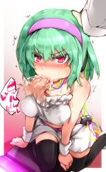 Rule 34 | 1boy, 1girl, 405nm, angry, beatmania, beatmania iidx, black thighhighs, blush, breasts, cable, cheek bulge, commentary request, cum, cum in mouth, cum overflow, disembodied penis, fellatio, gradient background, green hair, hairband, hand on another&#039;s head, hetero, irrumatio, jewelry, kazetto, midriff, necklace, oral, penis, pink eyes, pov, short hair, skirt, solo focus, strapless, thighhighs, tube top, white skirt, wristband, zettai ryouiki