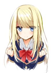 Rule 34 | 1girl, blonde hair, blue eyes, blush, bow, bowtie, breasts, chloe lemaire, clenched hands, closed mouth, collar, collared shirt, commentary request, eyes visible through hair, girlfriend (kari), hair between eyes, hands up, highres, kakao (chocolate land), looking at viewer, medium breasts, red bow, red bowtie, school uniform, shirt, simple background, sketch, smile, solo, white background, white collar