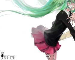 Rule 34 | 1girl, artist name, bandaid, english text, floating hair, green eyes, green hair, hatsune miku, kaytseki, long hair, out of frame, rolling girl (vocaloid), school uniform, skirt, solo focus, surprised, tears, twintails, vocaloid, wallpaper, white background, wind